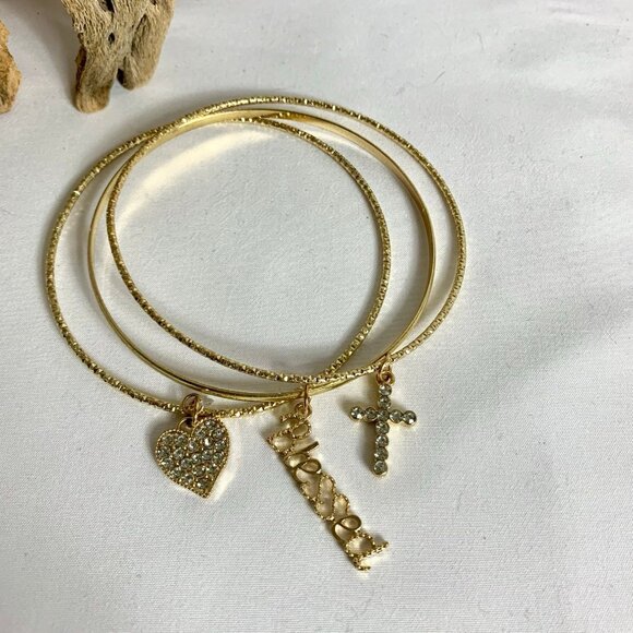 3 Gold Tone Bangle Bracelets with BLESSED Cross Heart Charms - Picture 1 of 6